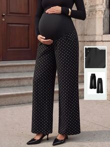 Momance Celana Jeans Denim Hamil Motif Polkadot dengan Kantong, Potongan Longgar dan Lebar - Hitam - View 1
