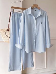 SHEIN EZwear 條紋休閒大尺碼女款襯衫與寬腿褲套裝 秋季 - 藍白色 - 查看 7