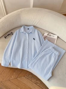 SHEIN EZwear 條紋休閒大尺碼女款襯衫與寬腿褲套裝 秋季 - 藍白色 - 查看 2