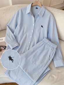 SHEIN EZwear 條紋休閒大尺碼女款襯衫與寬腿褲套裝 秋季 - 藍白色 - 查看 1