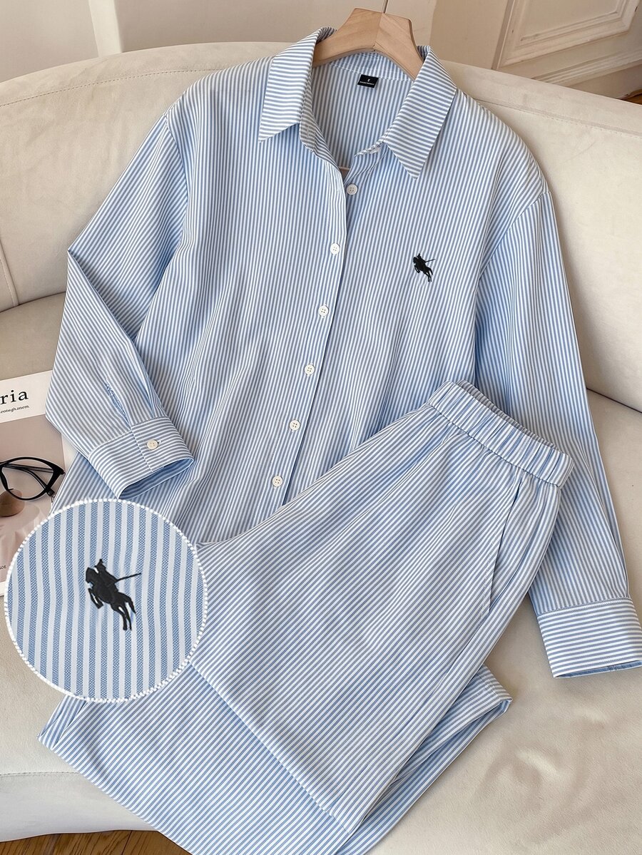 SHEIN EZwear 條紋休閒大尺碼女款襯衫與寬腿褲套裝 秋季 - 藍白色 - 查看 1