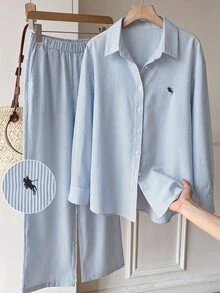 SHEIN EZwear 條紋休閒大尺碼女款襯衫與寬腿褲套裝 秋季 - 藍白色 - 查看 5
