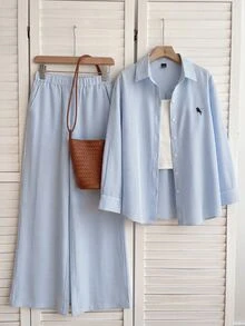 SHEIN EZwear 條紋休閒大尺碼女款襯衫與寬腿褲套裝 秋季 - 藍白色 - 查看 6