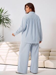 SHEIN EZwear 條紋休閒大尺碼女款襯衫與寬腿褲套裝 秋季 - 藍白色 - 查看 8
