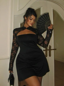 GalTyme Plus Size Elegant Sexy Lace Patchwork Hollow Out Dress Chinese Knot Button Fall - Black - View 10