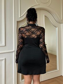 GalTyme Plus Size Elegant Sexy Lace Patchwork Hollow Out Dress Chinese Knot Button Fall - Black - View 2