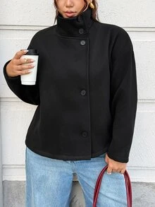 GalTyme 大尺碼女款純色長袖商務休閒優雅大衣，秋冬辦公正式黑色 - 黑色 - 查看 3
