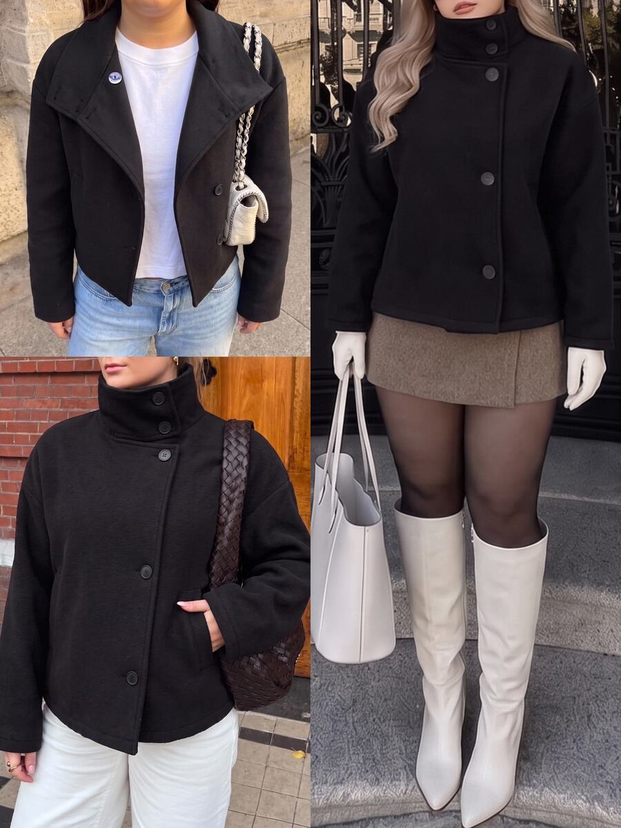 GalTyme 大尺碼女款純色長袖商務休閒優雅大衣,秋冬辦公正式黑色 - 黑色 - 查看 1