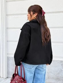 GalTyme 大尺碼女款純色長袖商務休閒優雅大衣，秋冬辦公正式黑色 - 黑色 - 查看 2