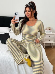SHEIN EZwear 大尺碼女款條紋長袖T恤與長褲休閒兩件套 秋季 - 彩色 - 查看 4