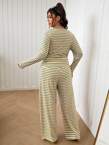 SHEIN EZwear 大尺碼女款條紋長袖T恤與長褲休閒兩件套 秋季 - 彩色 - 查看 2