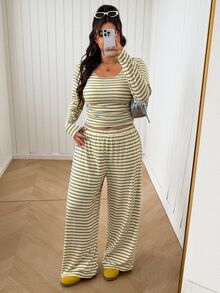 SHEIN EZwear 大尺碼女款條紋長袖T恤與長褲休閒兩件套 秋季 - 彩色 - 查看 5