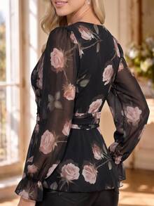 Amorya 女款優雅通勤花卉印花襯衫 秋冬度假辦公穿搭 萬聖節聖誕節新年生日套裝 法式優雅風 - 黑色 - 查看 9