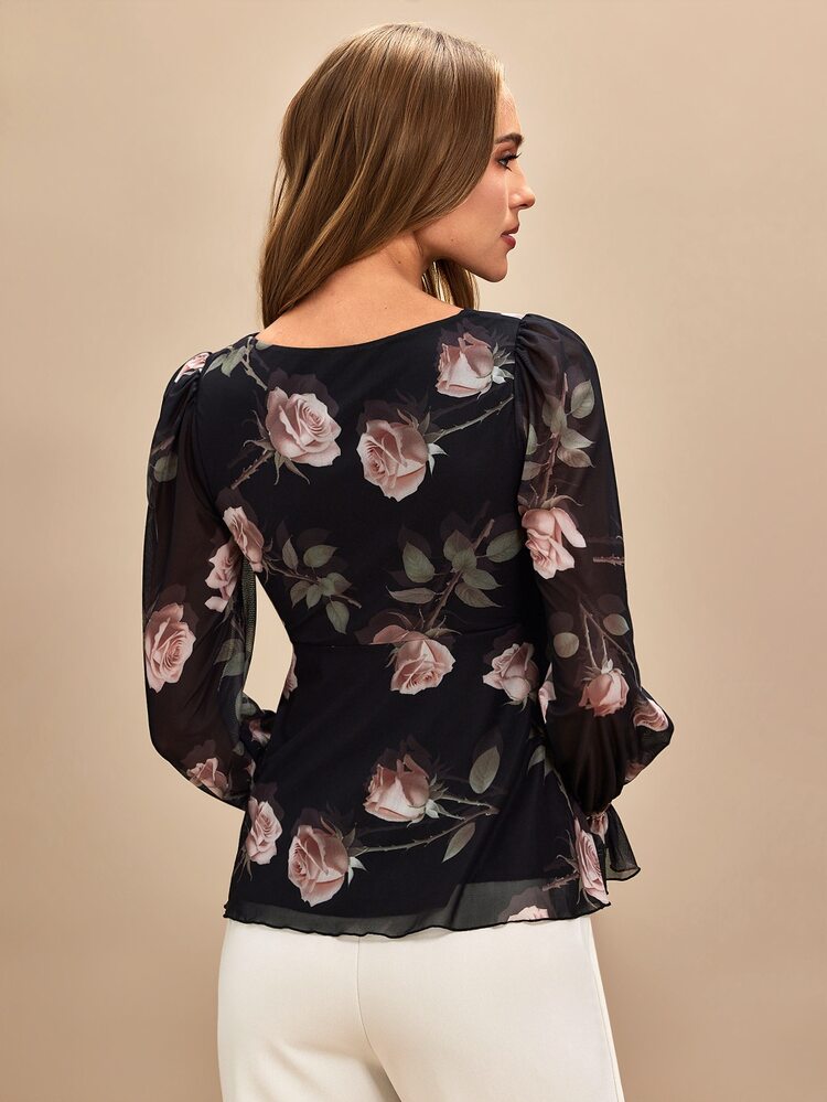Amorya Women's Elegant Commute Floral Print Elegant Blouse Fall/Winter Resort Office Outfits Halloween Christmas New Year Birthday Outfit French Elegance - Black - View 2