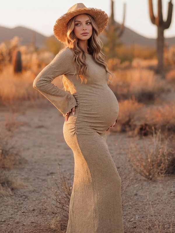 Boho Mama Vestido de maternidad texturizado versátil estilo callejero cuello redondo plisado manga larga otoño