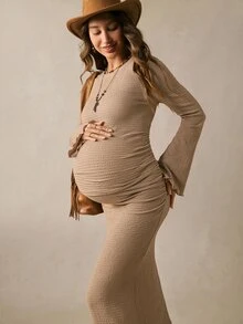 Boho Mama Maternity Textured Versatile Street Style Round Neck Pleated Long Sleeve Dress Fall - Khaki - View 3