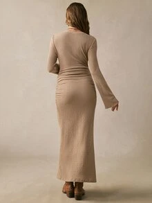 Boho Mama Maternity Textured Versatile Street Style Round Neck Pleated Long Sleeve Dress Fall - Khaki - View 7