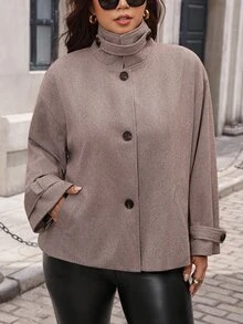 SHEIN Clasi Plus Size Minimalist Versatile Button Long Sleeve Jacket Vintage Fall - Camel - View 7
