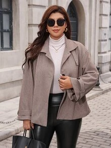 SHEIN Clasi Plus Size Minimalist Versatile Button Long Sleeve Jacket Vintage Fall - Camel - View 5