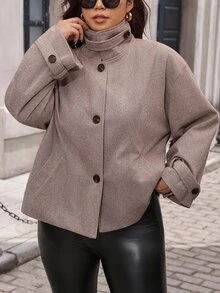 SHEIN Clasi Plus Size Minimalist Versatile Button Long Sleeve Jacket Vintage Fall - Camel - View 4