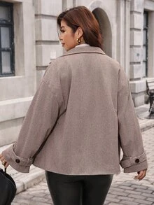 SHEIN Clasi Plus Size Minimalist Versatile Button Long Sleeve Jacket Vintage Fall - Camel - View 3