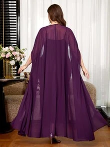 SHEIN Clasi مجموعة نسائية أنيقة من قطعتين مقاس كبير، رداء بأكمام خفاش مرصع بالراينستون وفستان كاميسول - الأرجواني - مشاهدة 3