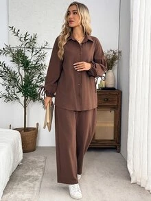 EMERY ROSE 女款極簡單排扣襯衫與休閒長褲兩件套，日常日穿咖啡棕秋季 - 棕色 - 查看 7