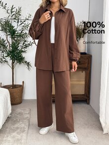 EMERY ROSE 女款極簡單排扣襯衫與休閒長褲兩件套，日常日穿咖啡棕秋季 - 棕色 - 查看 5