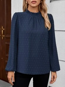 SHEIN LUNE 女士纯色立领荷叶边长袖衬衫 - 藍色 - 查看 4