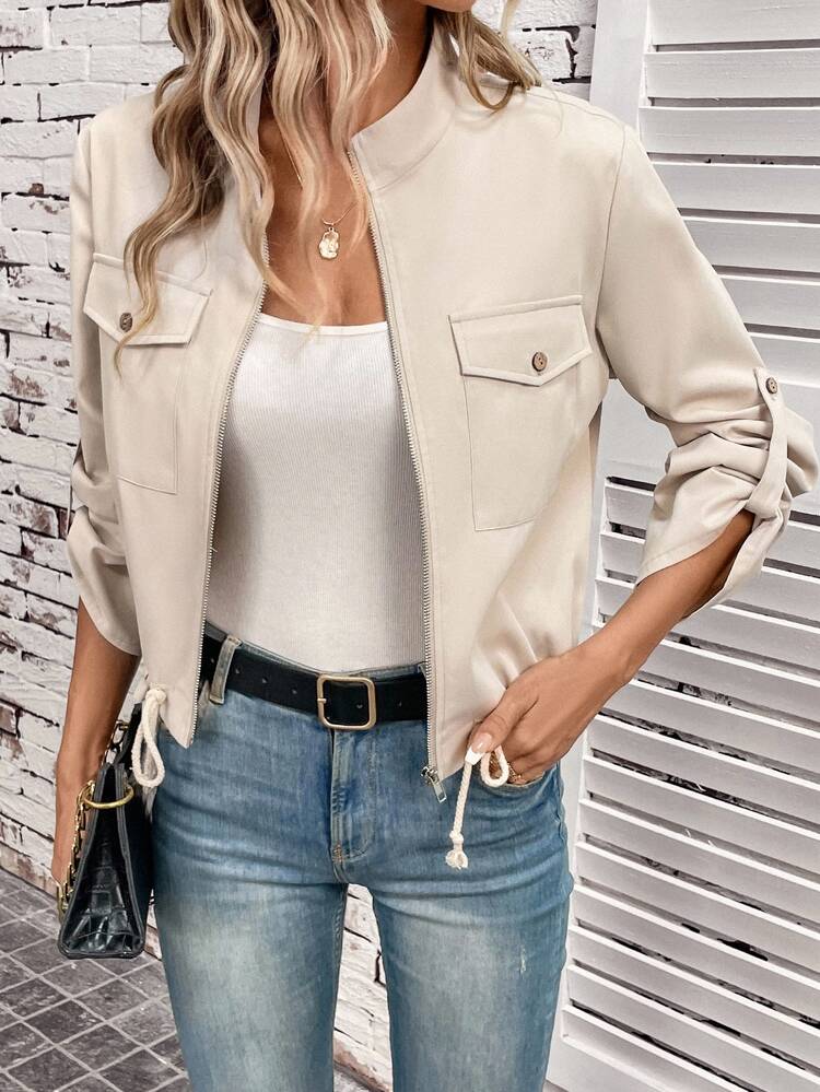 Easowa Women's Autumn Jacket: Beige Knit Stand Collar Style With Drawstring Waist And Neck Tie Detail Work Everyday Outfits For Women (Regular Fit) Casual - Khaki - View 6