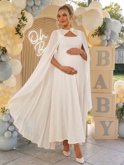 Loomaby Gaun Hamil Elegan 2 Potong dengan Hiasan Bunga 3D Warna Polos, Cocok untuk Acara Pengungkapan Jenis Kelamin Bayi, Gaun Hamil, dan Acara Baby Shower.