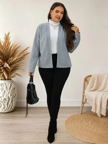 EMERY ROSE Plus Size Casual Elegant Versatile Jacket For Autumn Fall Office Working Formal Grey - Grey - View 5