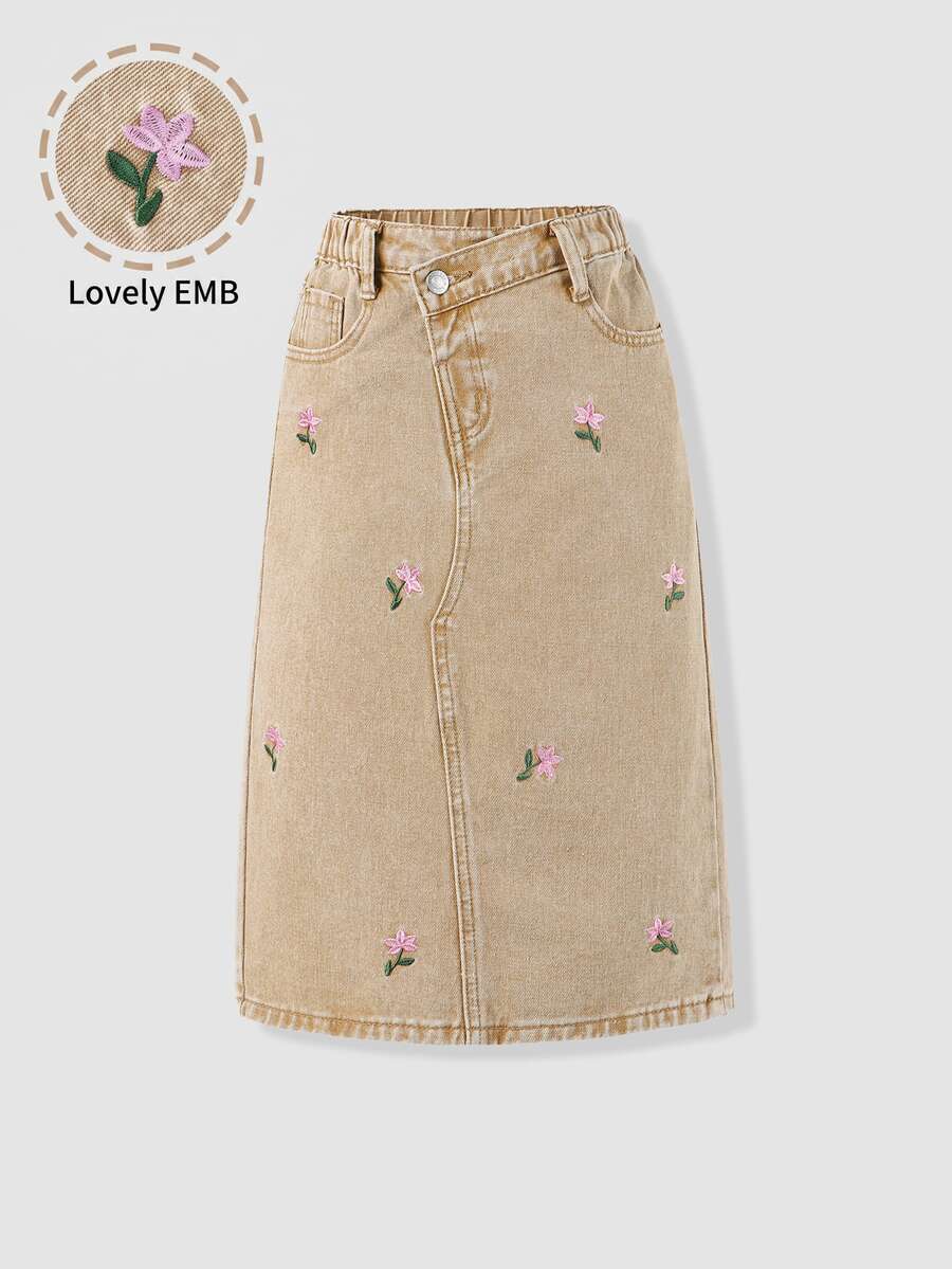 SHEIN 女童牛仔裙,卡其色水洗,返校季,度假風,精緻花卉刺繡,荷葉邊腰頭,穿著舒適,適合日常穿搭 - 卡其色 - 查看 1