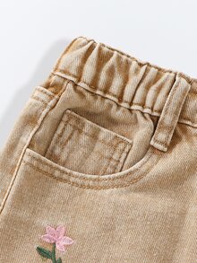 SHEIN 女童牛仔裙，卡其色水洗，返校季，度假風，精緻花卉刺繡，荷葉邊腰頭，穿著舒適，適合日常穿搭 - 卡其色 - 查看 4