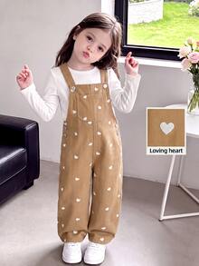 SHEIN 女童幼兒連身褲，愛心印花設計，柔軟棉質休閒西部牛仔風，時尚百搭，淺綠藍色丹寧夏季款 - 卡其色 - 查看 1