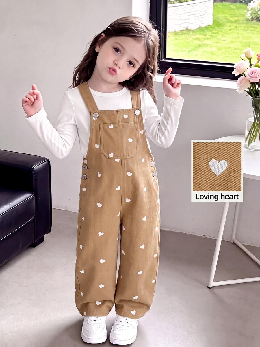 SHEIN 女童幼兒連身褲,愛心印花設計,柔軟棉質休閒西部牛仔風,時尚百搭,淺綠藍色丹寧夏季款 - 卡其色 - 查看 1