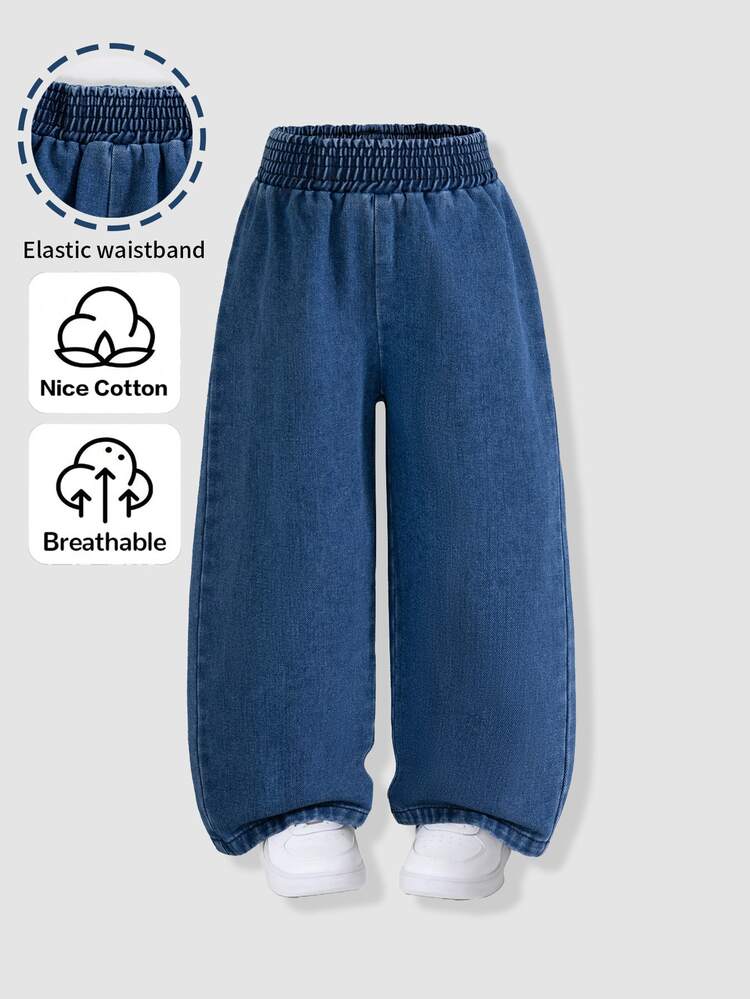 SHEIN Explorewe Young Girls' Elastic Waist Wide Leg Denim Jeans, All-Season Versatile Casual All-Match Style, Blue, Simple Relaxed Fit Pleated Waistband, Summer - Medium Wash - View 5