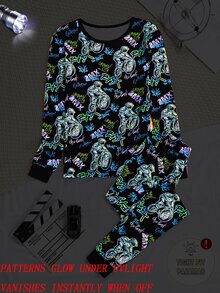 Teen Boys Glow-In-The-Dark Pajama Set,Motorcycle Pattern Snug Fit Long Sleeve Top & Pants,Black Autumn Gothic Holiday Essential Comfortable Nightwear - Black - View 1