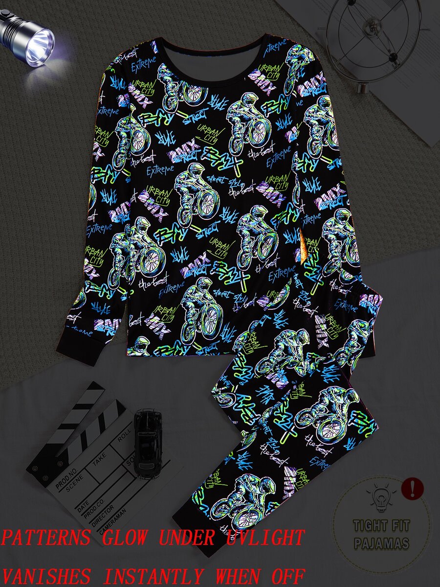 Teen Boys Glow-In-The-Dark Pajama Set,Motorcycle Pattern Snug Fit Long Sleeve Top & Pants,Black Autumn Gothic Holiday Essential Comfortable Nightwear - Black - View 1