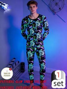 Teen Boys Glow-In-The-Dark Pajama Set,Motorcycle Pattern Snug Fit Long Sleeve Top & Pants,Black Autumn Gothic Holiday Essential Comfortable Nightwear - Black - View 3