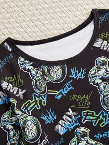 Teen Boys Glow-In-The-Dark Pajama Set,Motorcycle Pattern Snug Fit Long Sleeve Top & Pants,Black Autumn Gothic Holiday Essential Comfortable Nightwear - Black - View 8