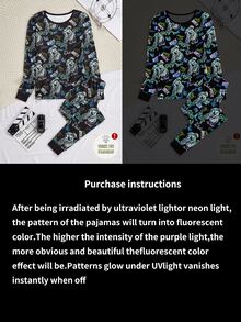 Teen Boys Glow-In-The-Dark Pajama Set,Motorcycle Pattern Snug Fit Long Sleeve Top & Pants,Black Autumn Gothic Holiday Essential Comfortable Nightwear - Black - View 4