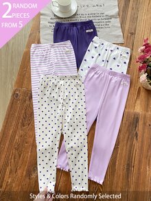 SHEIN 2件裝隨機配色女孩波點愛心條紋甜美可愛百搭柔軟舒適羅紋針織內搭褲，春夏四季適用 - 彩色 - 查看 6