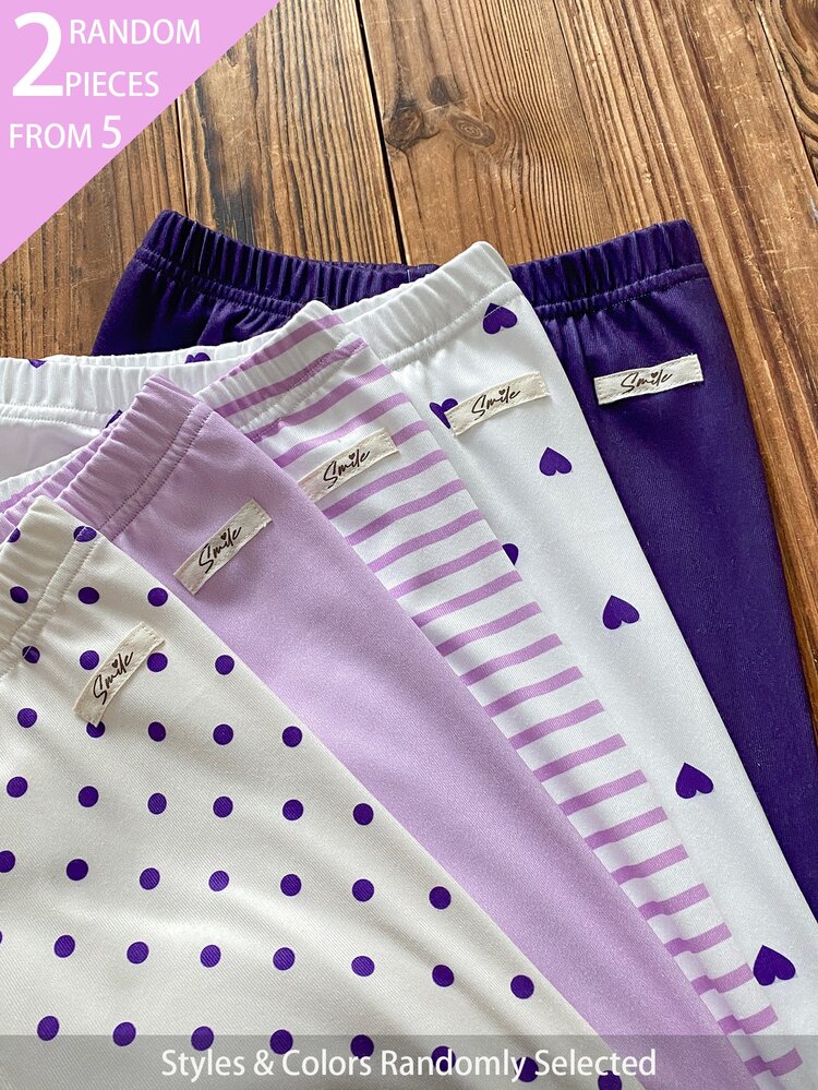 SHEIN 2pcs Random Assortment Spring Summer All Season Girls Polka Dot Heart Stripe Sweet Cute Versatile Soft Comfortable Ribbed Knit Leggings - Multicolor - View 5