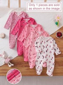 [Random 5 Sets, 1 Set Sent] Newborn 0-12 Months Home Romper, Forest Style Ditsy Floral With Chain Craft Contrast Color, Fresh Ins Style, Long Sleeve Footed, Snap Button Design, Easy To Put On And Take Off, Home Casual, Daily Outings, Spring Summer, All Season - Multicolor - View 3