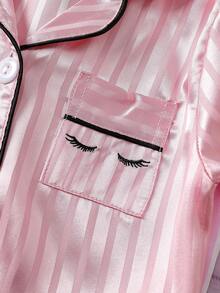 條紋開襟領蝴蝶結刺繡口袋女嬰緞面家居睡衣套裝 - 彩色 - 查看 4