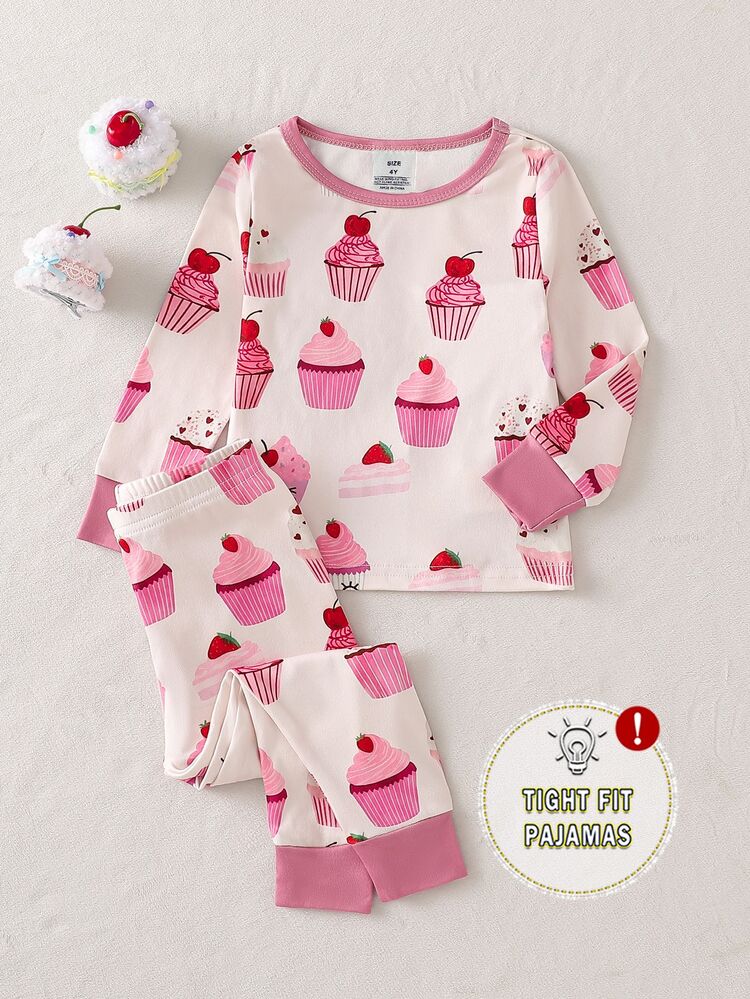 SHEIN [Random 1 Set]Snug Fit Pajama For Young Girl, Long Sleeve & Long Pants, Cute Dessert Cake, Star Moon Koala Unicorn Rabbit Cow Popular Pattern Print, Comfortable Fabric, Loved By Sweet Girls, Sleepwear & Loungewear - Multicolor - View 3