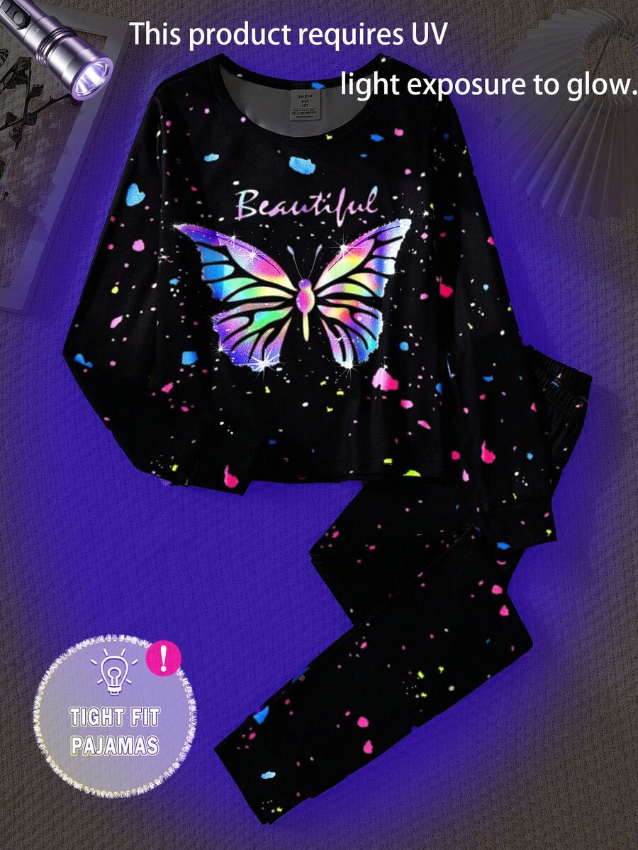 2 Piece Sets Snug Fit Glow-In-The-Dark Pajama Set For Tween Girls,Black Cute Sleep Night Wear Butterfly Print Long Sleeve T-Shirt And Leggings,Winter - Red - View 1