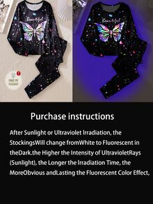 2 Piece Sets Snug Fit Glow-In-The-Dark Pajama Set For Tween Girls,Black Cute Sleep Night Wear Butterfly Print Long Sleeve T-Shirt And Leggings,Winter - Red - View 4
