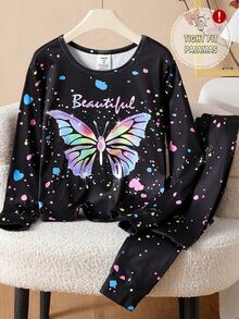 2 Piece Sets Snug Fit Glow-In-The-Dark Pajama Set For Tween Girls,Black Cute Sleep Night Wear Butterfly Print Long Sleeve T-Shirt And Leggings,Winter - Red - View 5